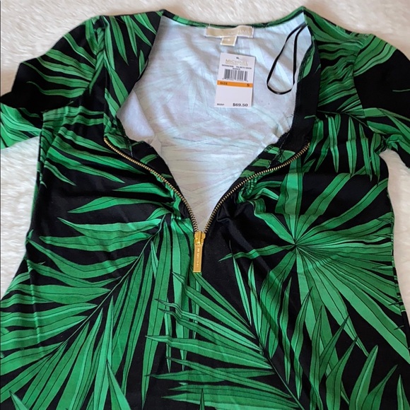 NWT Tropical Leaf Print “Palmeto Green” Michael KORS Top with Gold Zipper Sz S - Picture 8 of 12